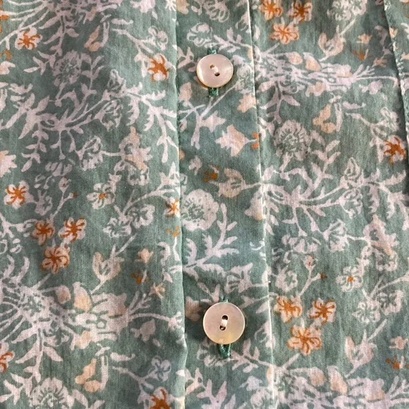 Jjill One Pocket Shirred Back Blue Green Floral Cotton Oyster Shell Button Up XS - Picture 10 of 10